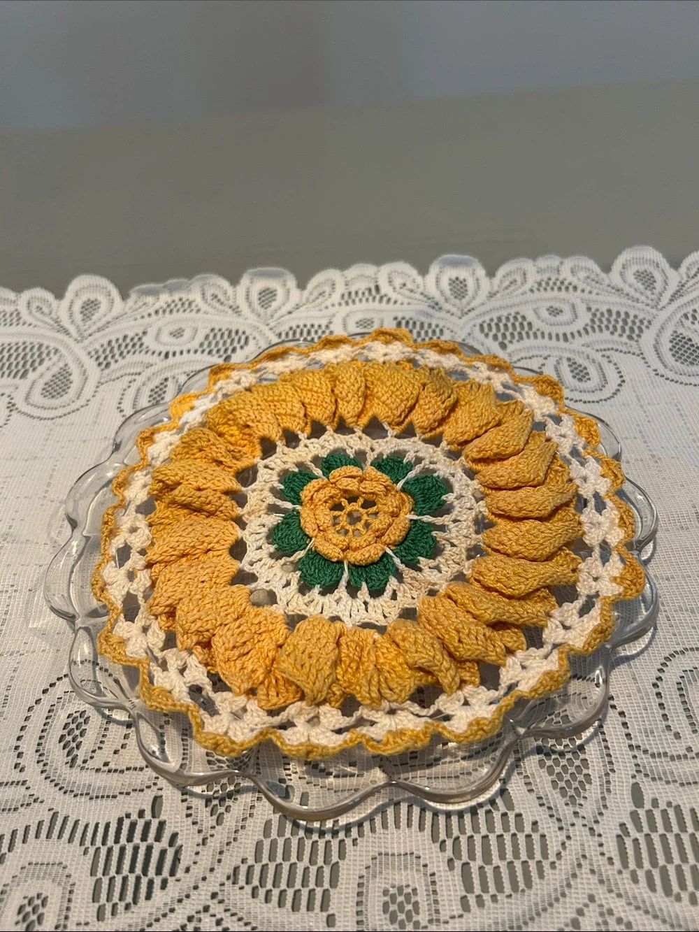 Crystal Cloche with Crystal plate with Yellow Crochet Doily H 7 in dia 8.5 in